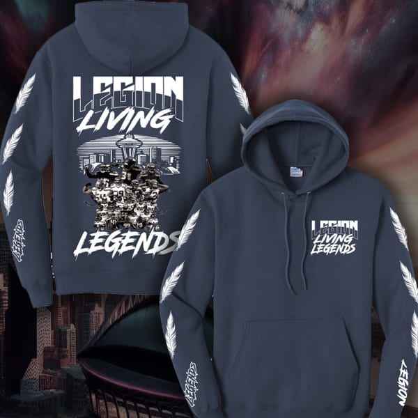 Two dark blue hoodies with "Legion Living Legends" text, football players, and feathers printed on them.